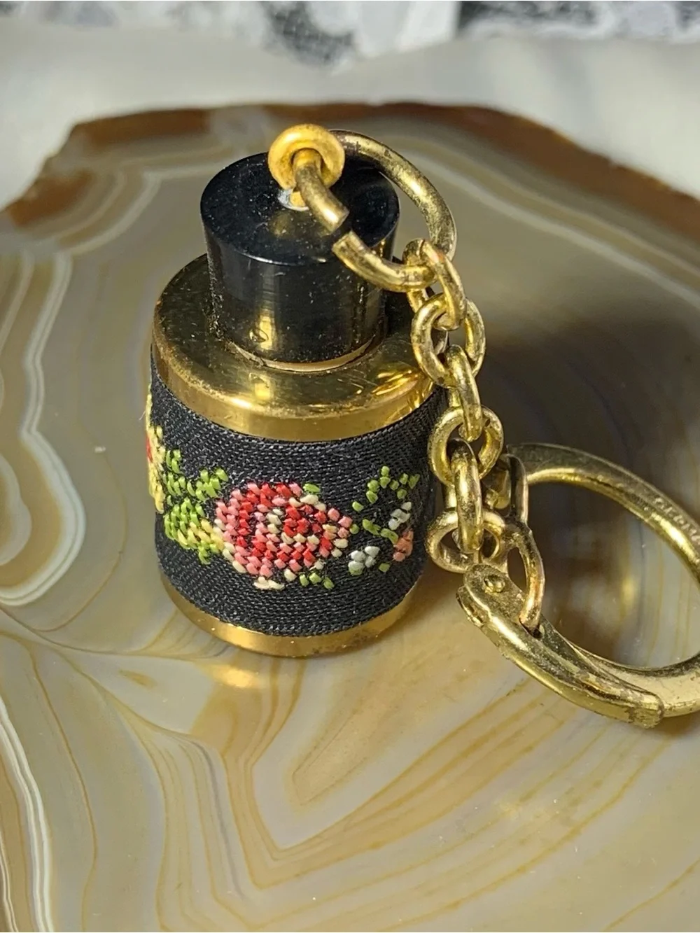 Antique Miniature Perfume Bottle Gold-Tone Floral Embroidered Keychain -